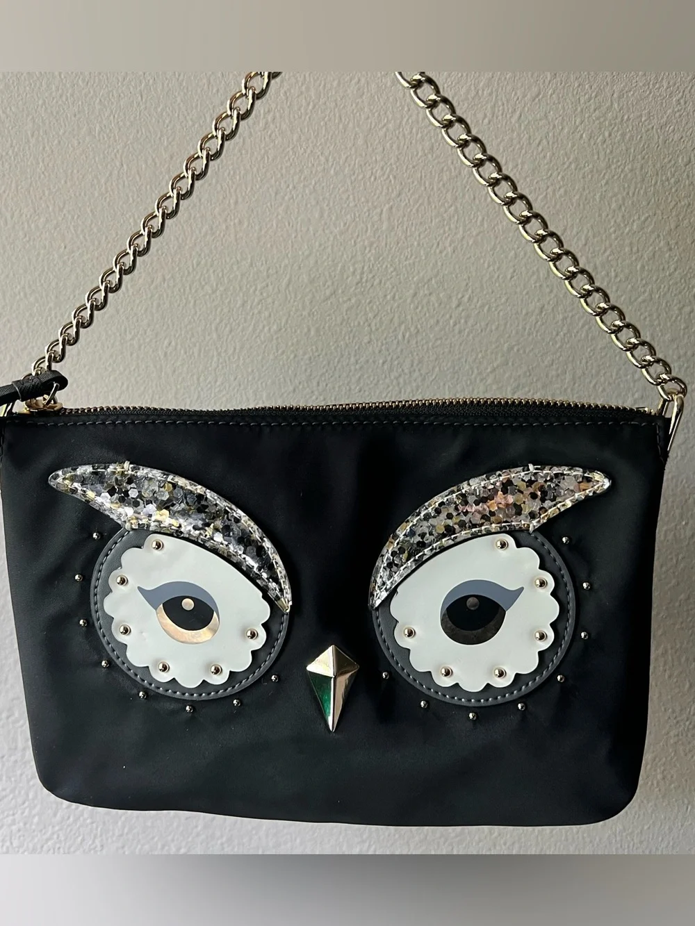 Kate Spade Collectible Black Sparkle Owl Appliqué Chain Shoulder Bag